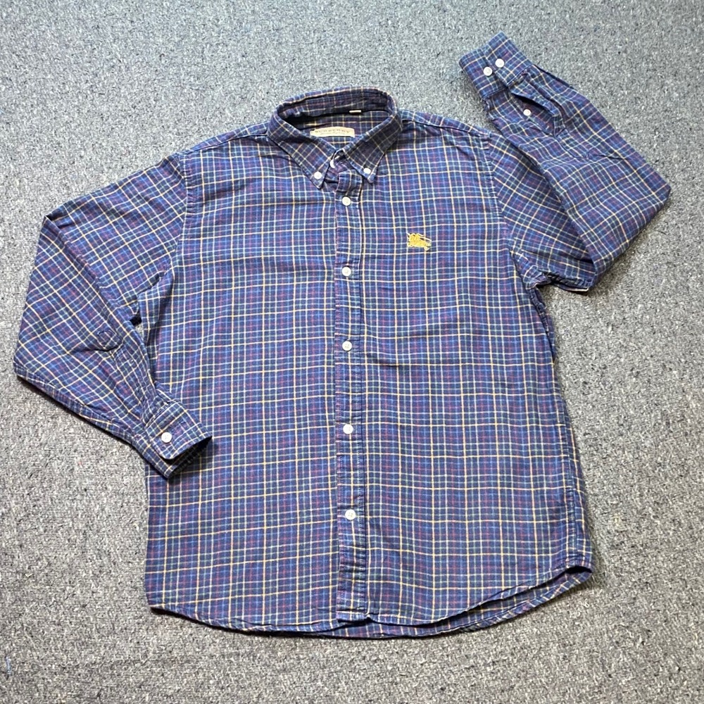 Burberry Plaid Button Down Sz M Mens Blue Preppy Embroidered Knight Logo‎ Shirt